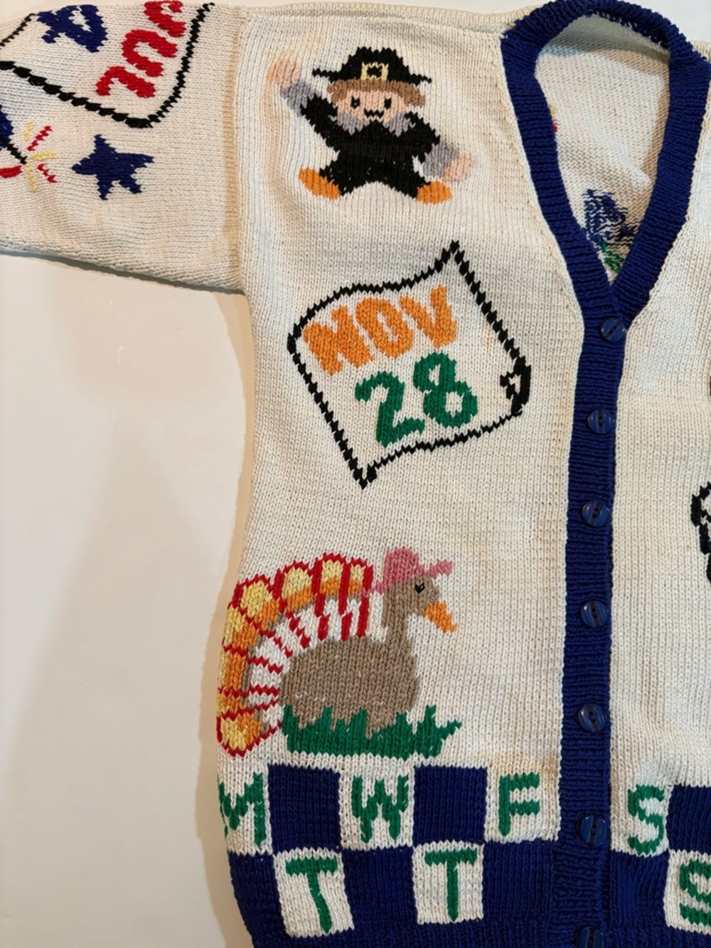 VINTAGE | Hand-Knit Holiday Calendar Cardigan - Cream with Navy Trim - Picture 4 of 12